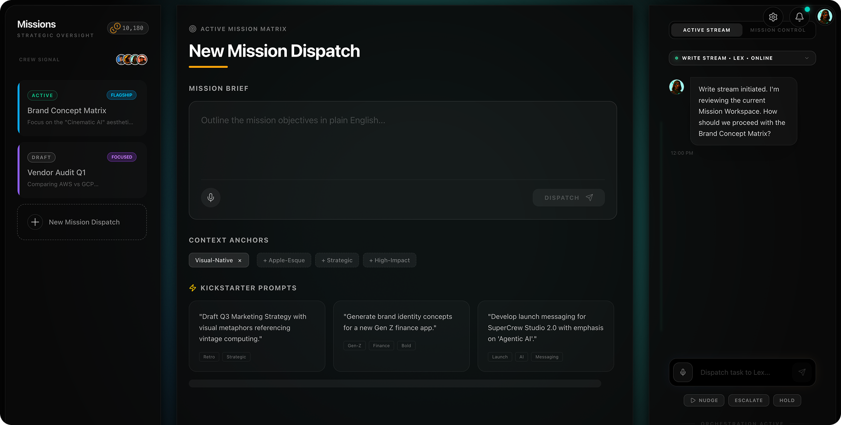 Mission Dispatch screen with structured input fields